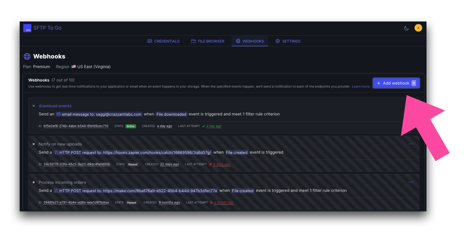 SFTP To Go add webhook