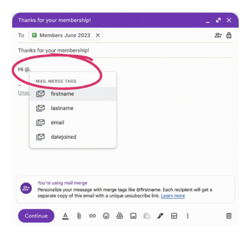 Selecting a mail merge tag in Gmail