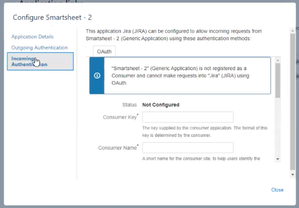 Imagem exibindo a configuração da autenticação do Smartsheet.