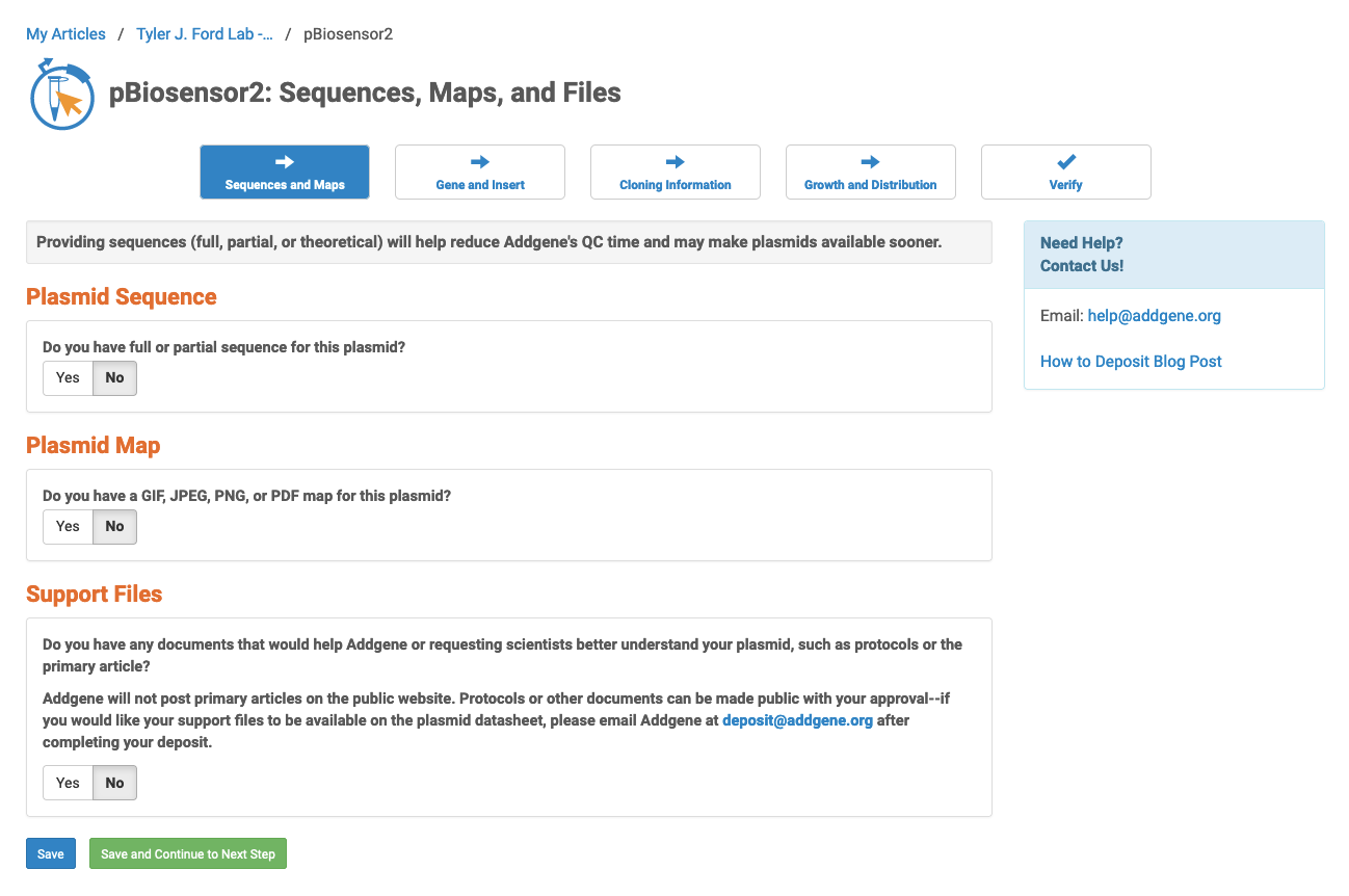 A screenshot of the “Sequences, Maps, and Files” page. There are “Yes” and “No” buttons for “Plasmid Sequence”, “Plasmid Map”, and “Support Files” that when “Yes” is selected, fields become visible allowing addition of files and/or sequence.
