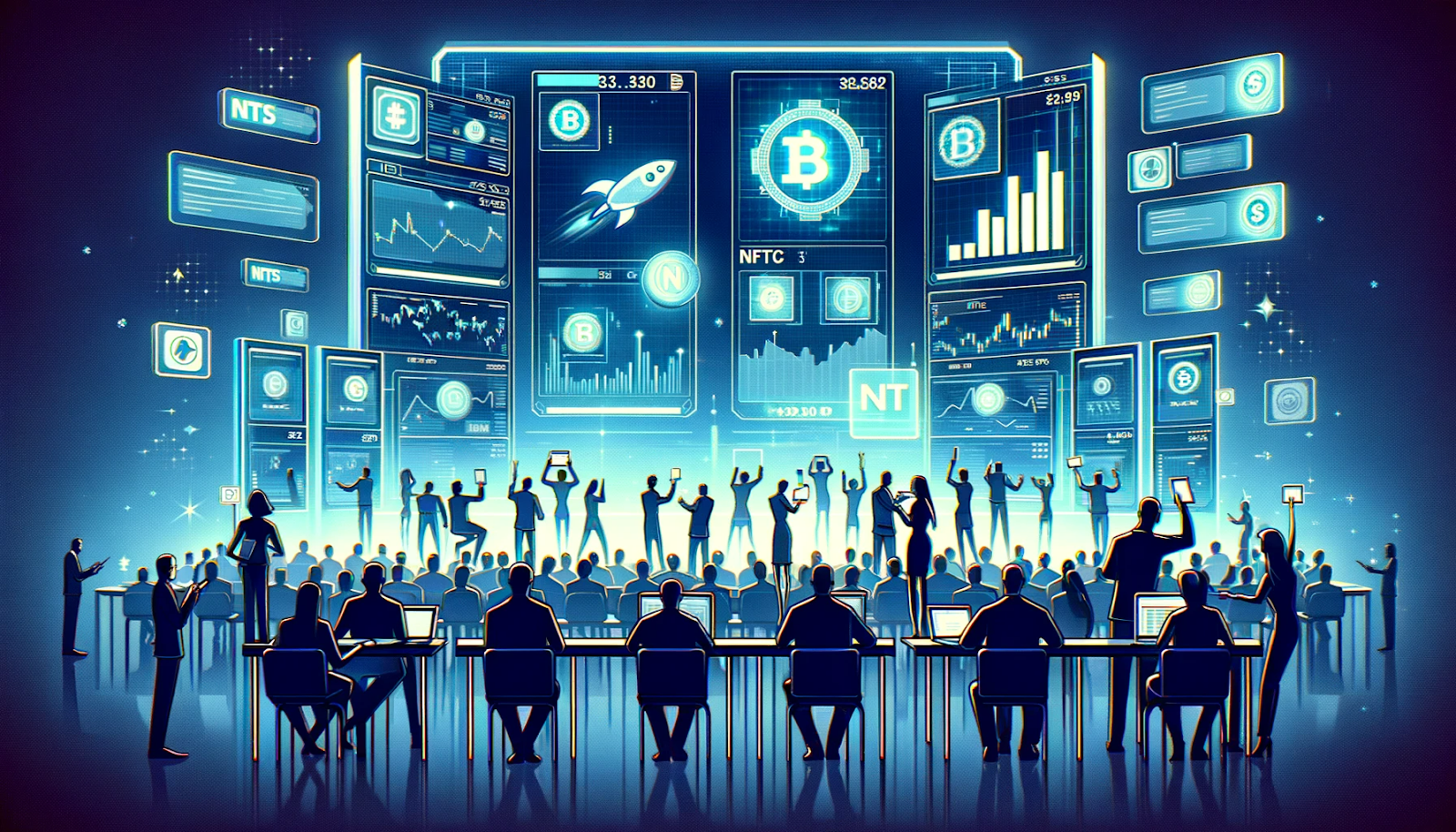 Futuristic depiction of a digital NFT auction with a diverse audience engaged in bidding on various digital items, conveying excitement and the competitive nature of the NFT market.