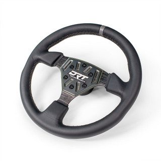 A DRT Motorsports steering wheel, uninstalled and against a blank background, with the DRT logo displayed on the center cap. 