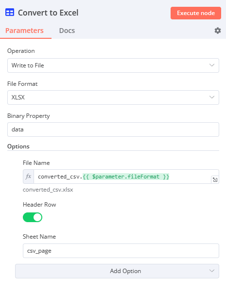 Spreadsheet File node settings for exporting to Excel