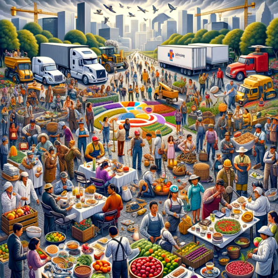 a farmers market with people coming in to buy and also eat