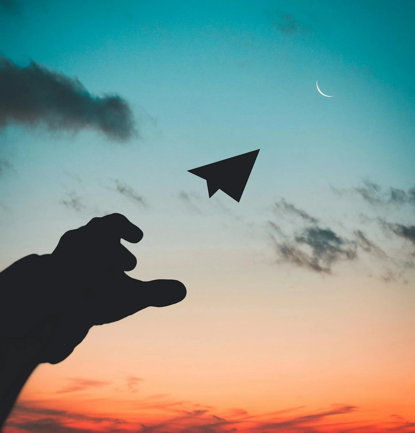 A silhouette throwing a paper airplane.