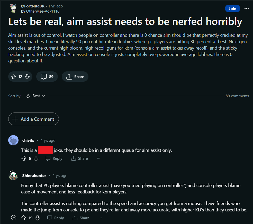 Screenshot of a reddit thread discussing Fortnite's aim assist