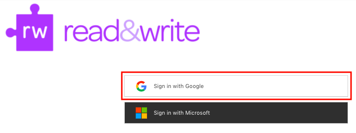 Screenshot of the Read&Write login page with the "Sign in with Google" button highlighted. 
