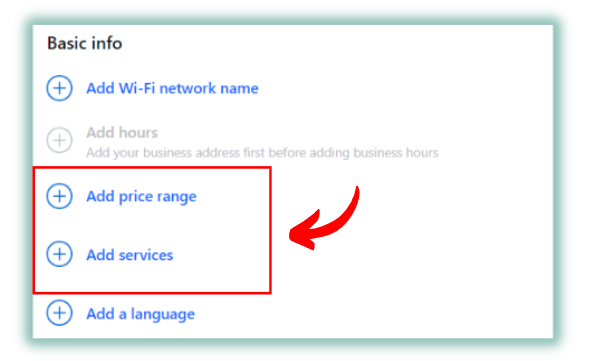 The price range and services options boxed in red and pointed at by a red arrow.