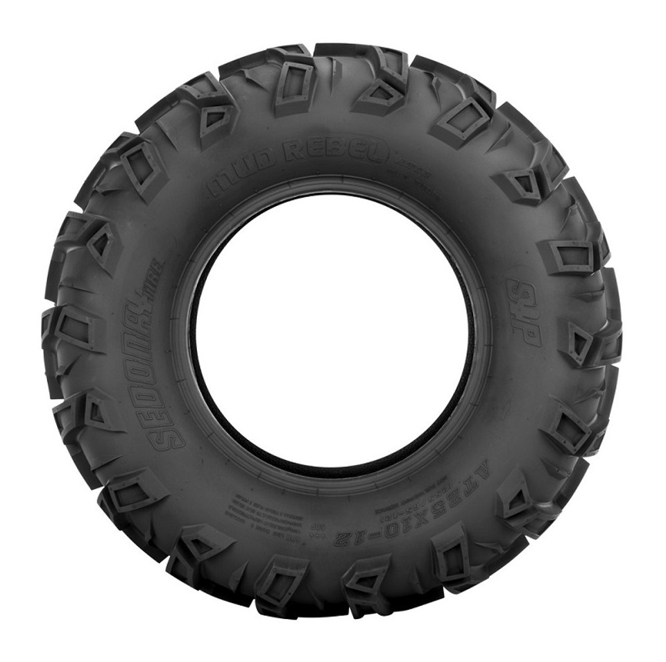 A side-view image of a CFMoto UForce/ZForce Mud Rebel Tire by Sedona (not installed on a vehicle) against a blank background.