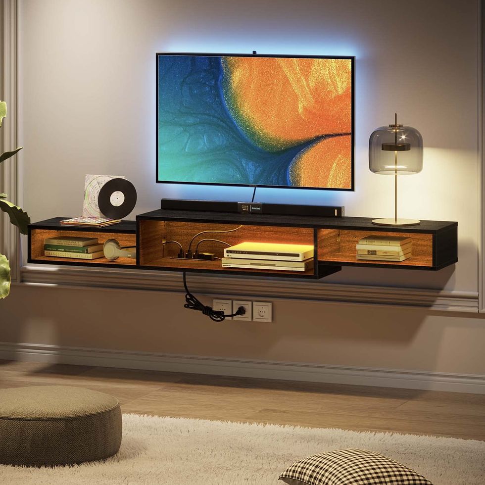 Floating TV Stand with Power Outlet & LED Light