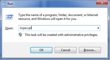 Type ncpa.cpl in the Run dialog box