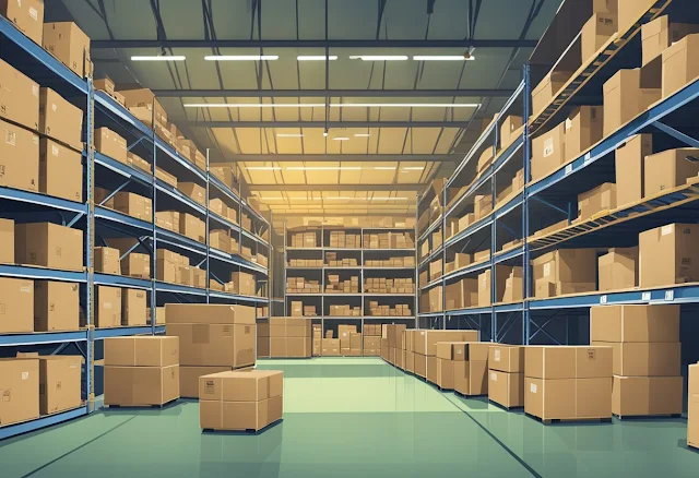 A warehouse filled with various products, from ammunition to sex toys, ready for drop shipping. Boxes labeled "kiwi drop shipping" and "12 killer drop shipping secrets" are stacked neatly
