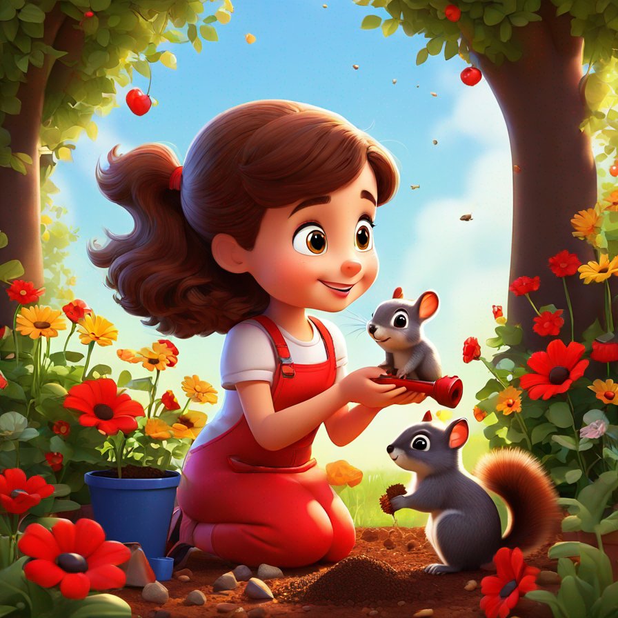 young girl, brown hair, digging, old squirrel, advice, planting seeds, colorful flowers, red-winged ladybug, garden