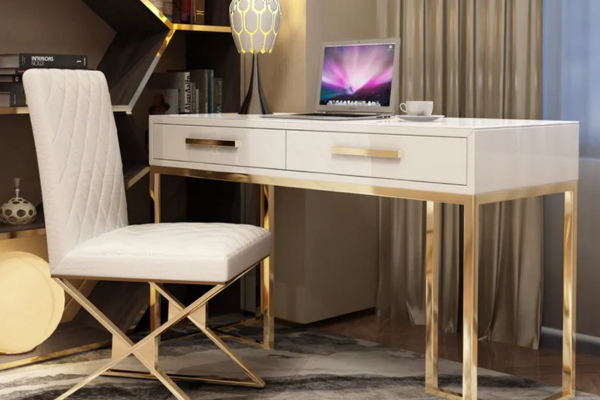 White Office Table with Two Drawers with golden slim legs
