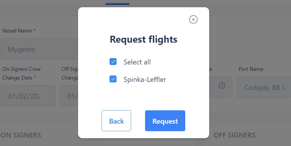 Screenshot of Martide's maritime crew management system showing the request flights pop-up box
