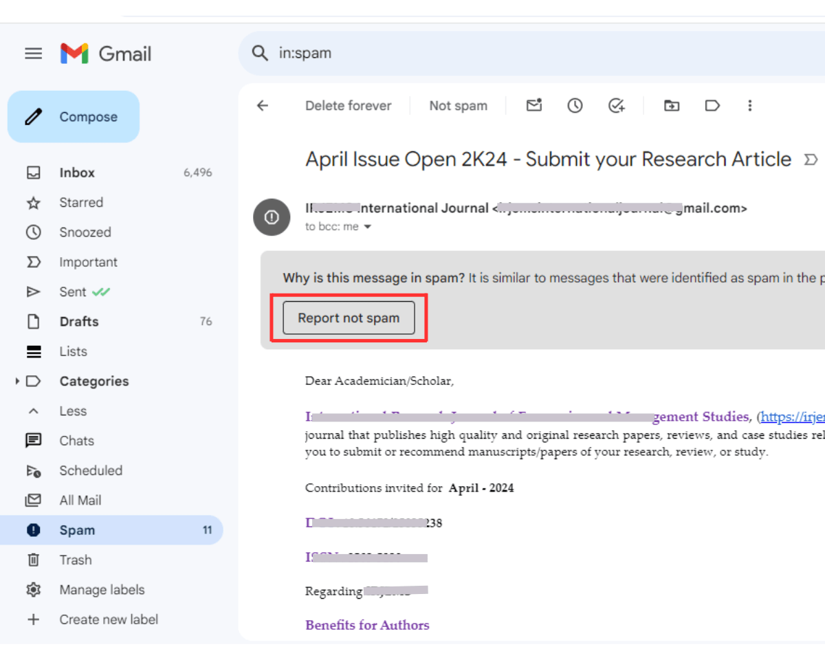 Report not spam button at the top of the email 