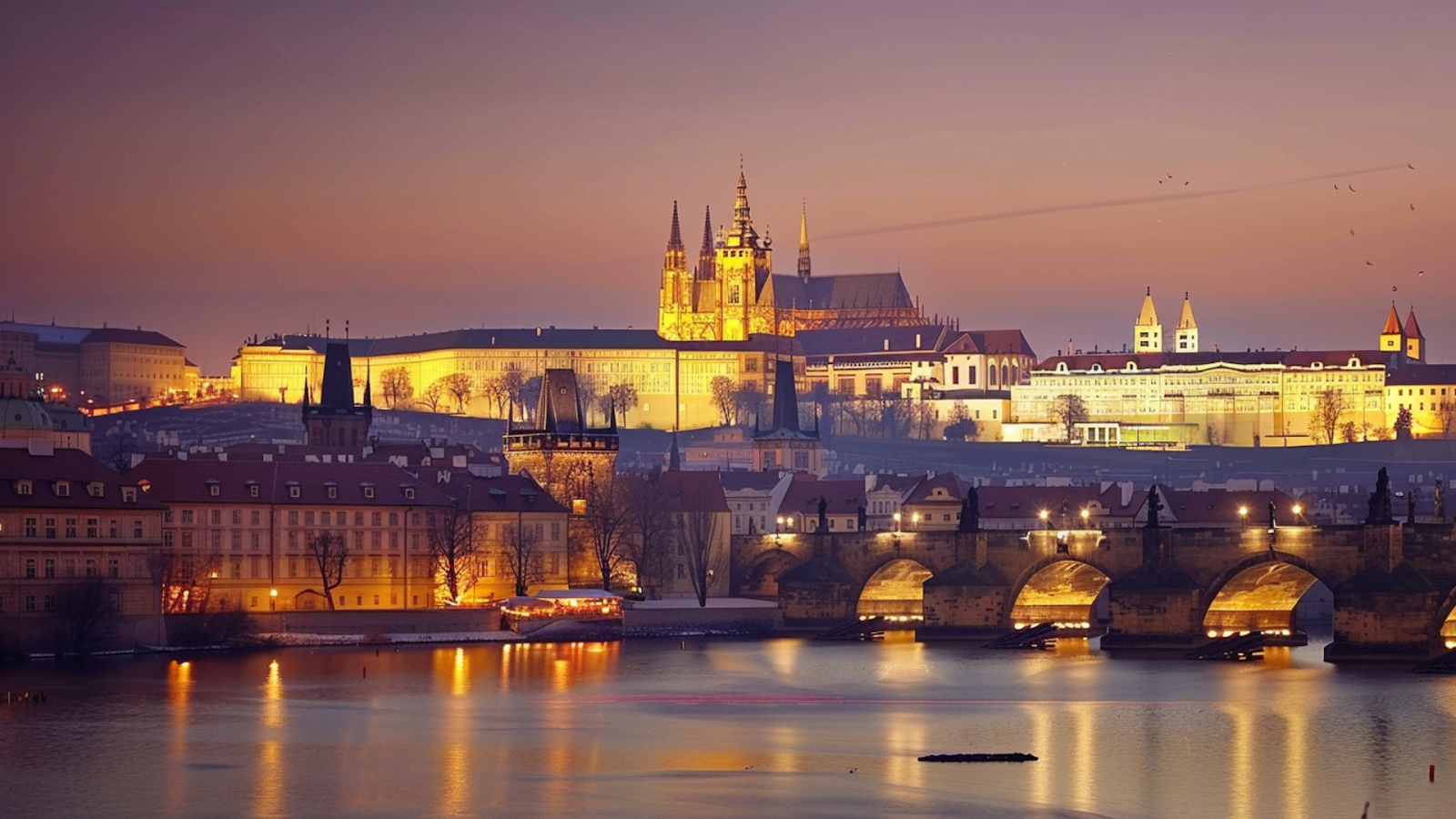 The Prague Castle lit up at sunset with the Vltava River in the foreground