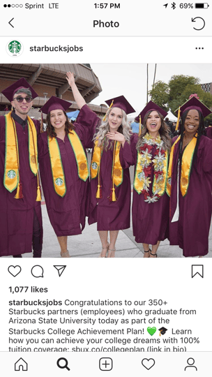  A screenshot of two @starbucksjobs Instagram posts, one congratulating their employees who have graduated from Arizona State University and another showing their company mission statement