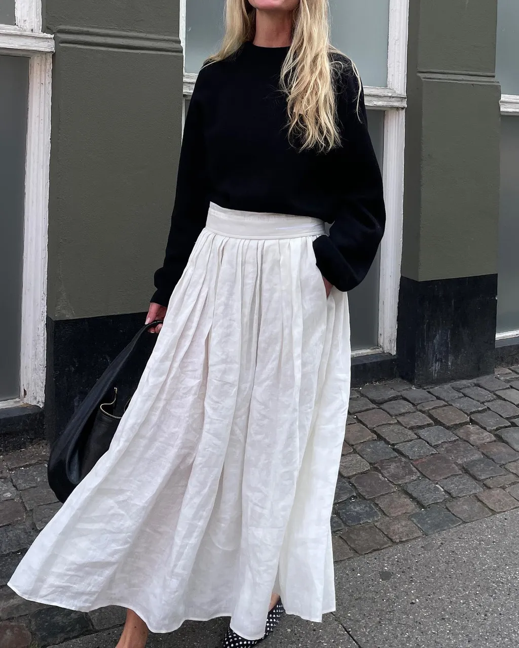 Black Sweater + White Pleated Skirt