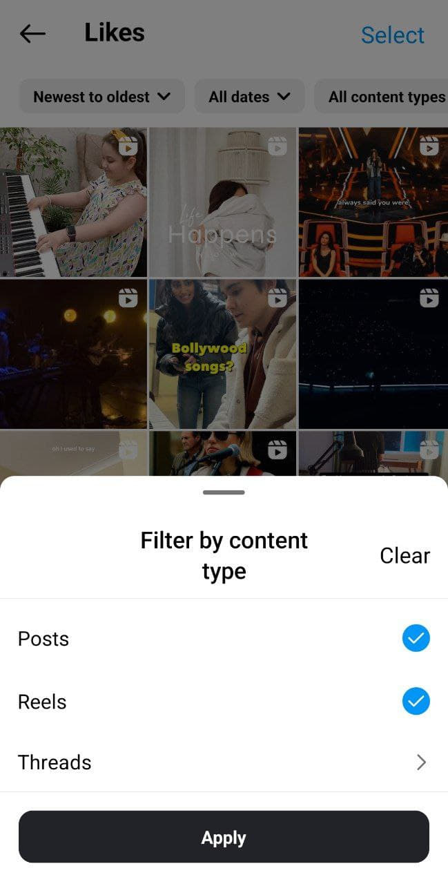 Filter liked posts by content type