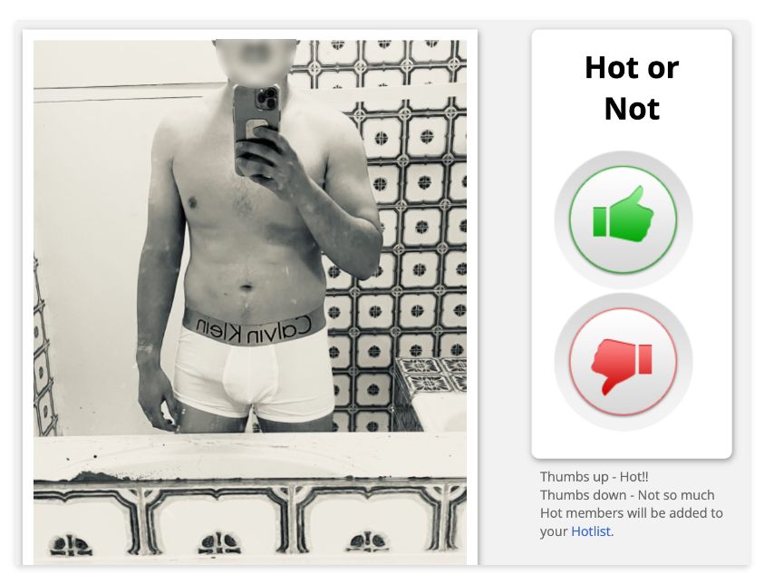 Hot or not game feature on the dating site FriendFinderX featuring a man in calvin klein boxers.