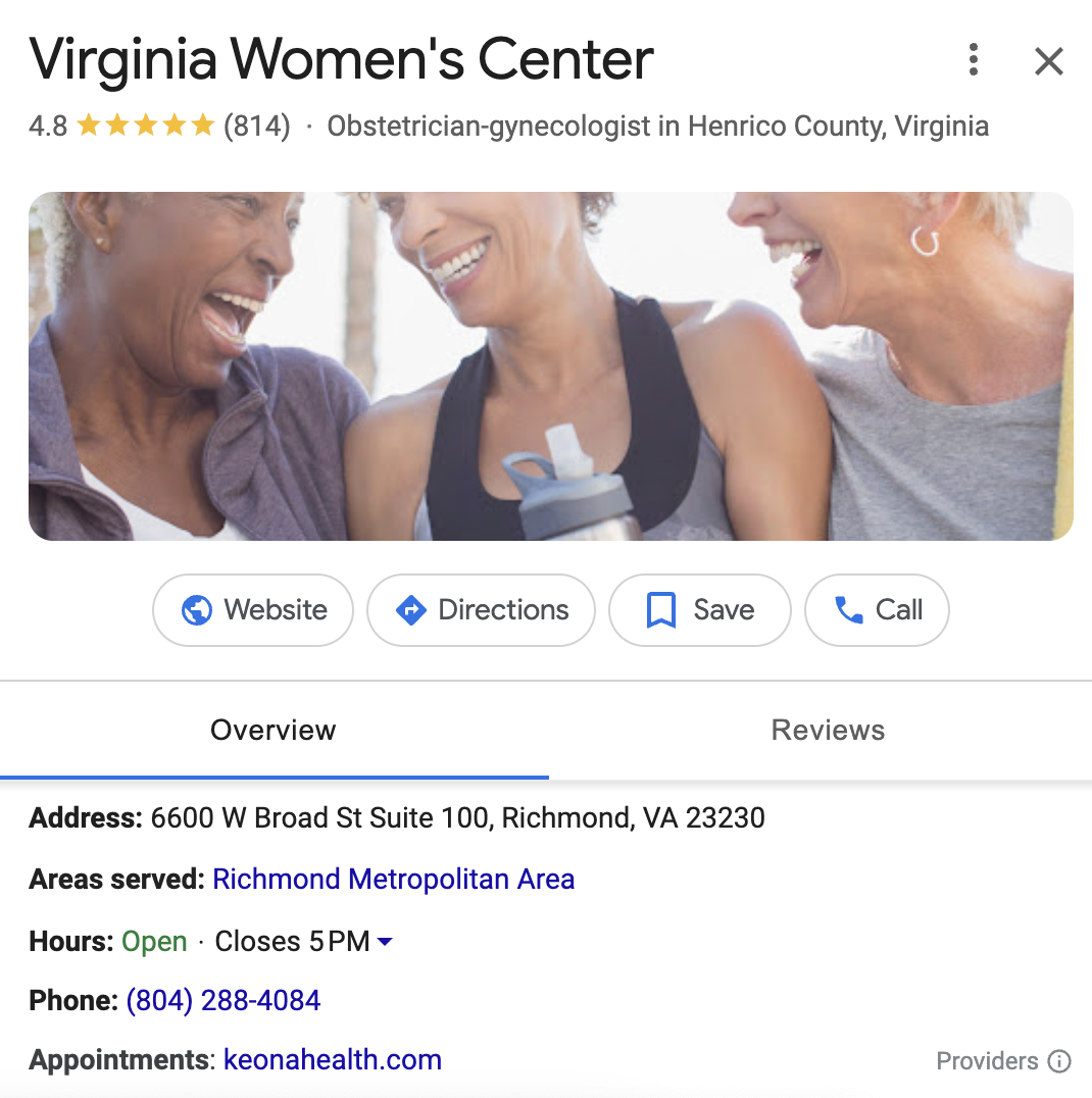 An example of a healthcare practice's Google Business Profile.