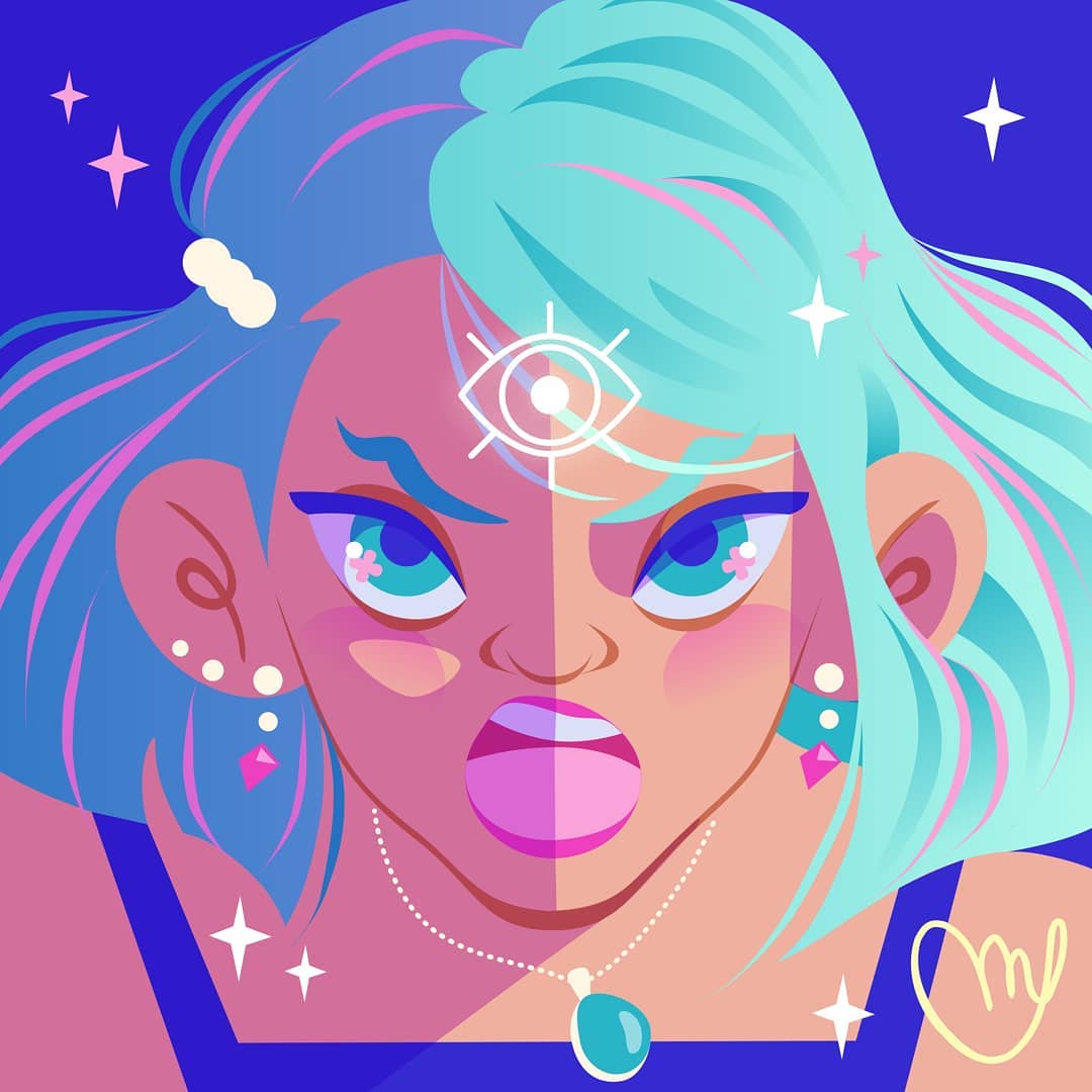 Vibrant digital portrait of a character with blue hair and cosmic-themed accessories.