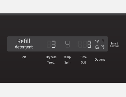 The control panel of a Samsung washing machine displaying a message saying Refill detergent.