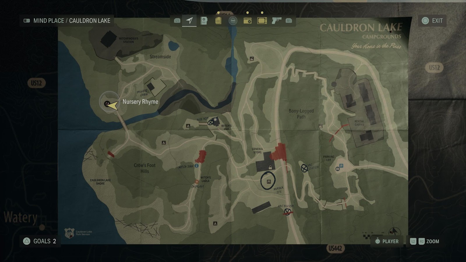 An in game screenshot of the Cauldron Lake map from Alan Wake 2.