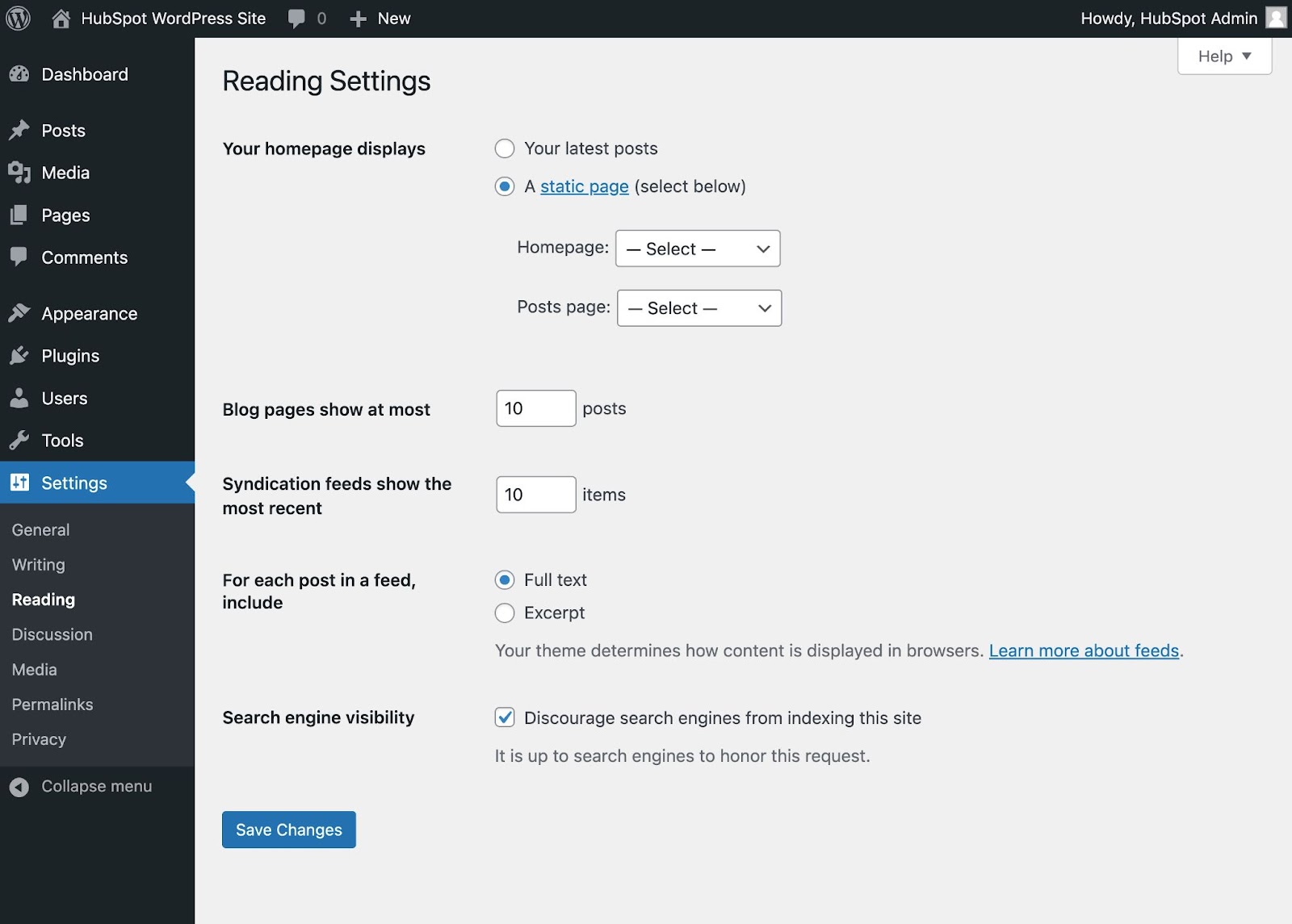 the reading setting page on a wordpress website