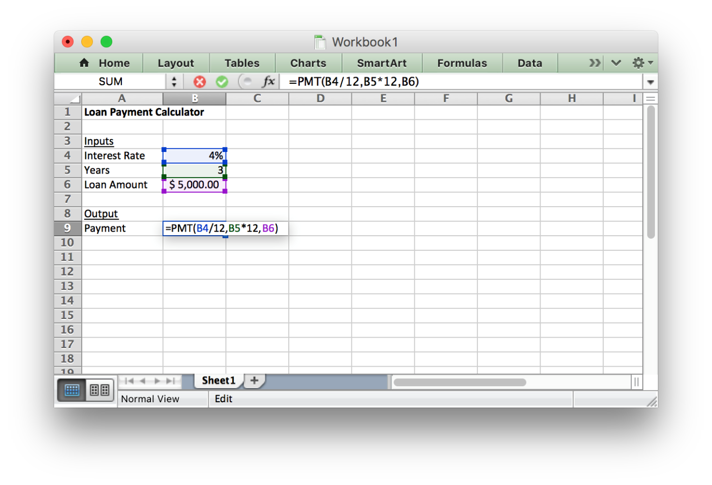 Excel spreadsheet showing how to use the information in the payment function, There will be a corresponding table provided below.
