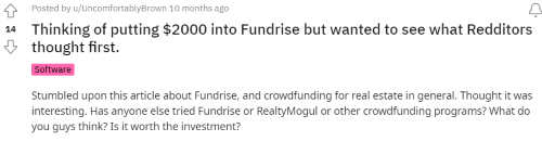 A person on Reddit asking if other people think of Fundrise vs Realty Mogul. 