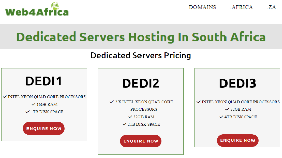 Web4Africa pricing: Dedicated Servers in Johannesburg