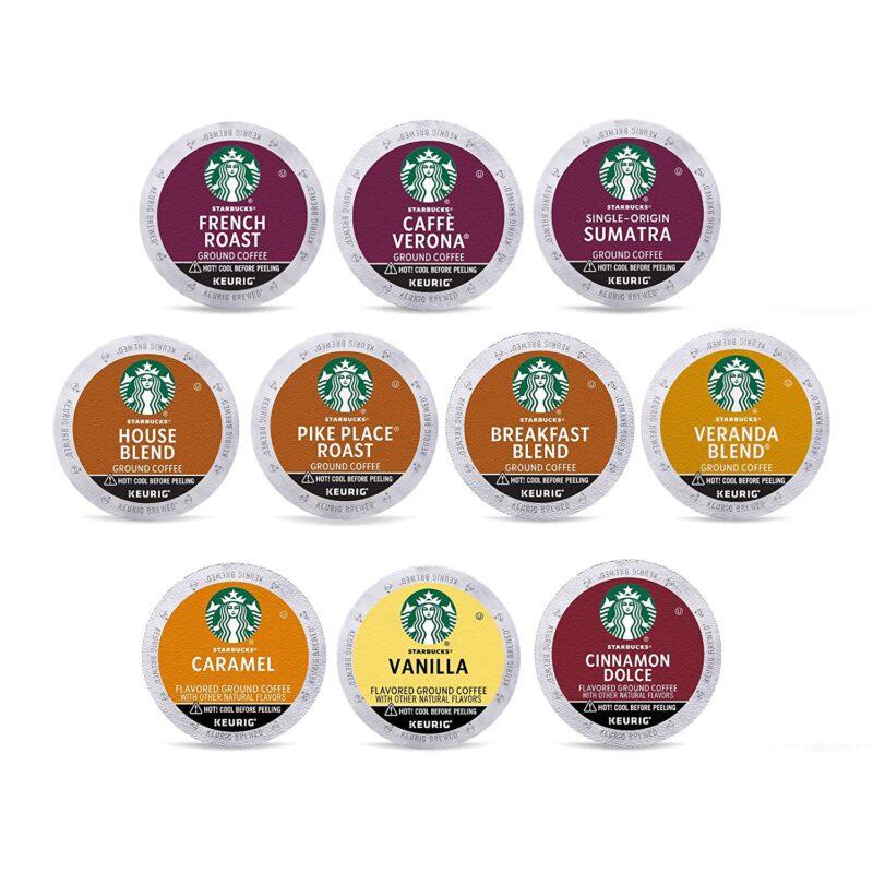 10 different k cup pods are shown.
