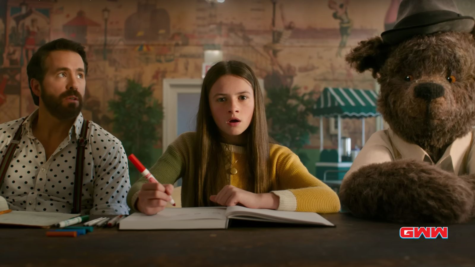 Ryan Reynolds and Cailey Fleming with an IF bear in IF movie trailer