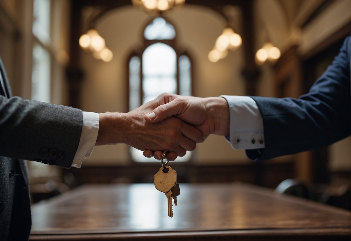 A landlord hands over keys to a tenant, symbolizing the enactment of the Landlord and Tenant Act 1985. The scene is set in a historic building with period-appropriate decor and architecture