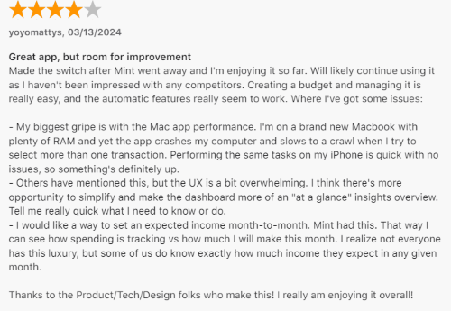 A 4-star review from a Copilot user who switched from Mint and is happy so far but complains that the app crashes on their Mac. 