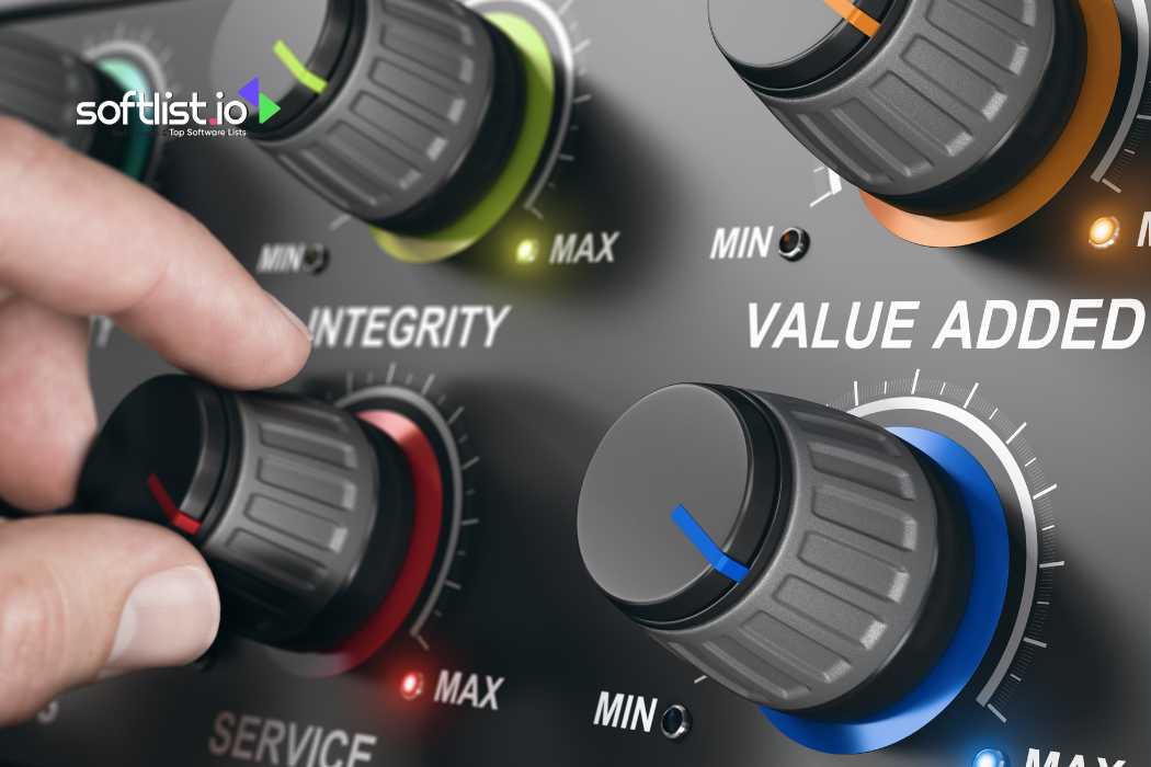 Hand adjusting knobs labeled "Integrity," "Value Added," and "Service"