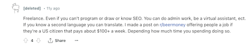A Redditor recommending freelance virtual assistant and translation roles to make extra money. 