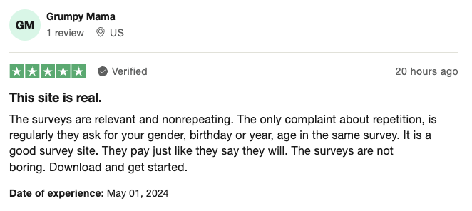 A 5-star Trustpilot review from a Branded Surveys user happy with what the surveys pay and that they aren't boring. 