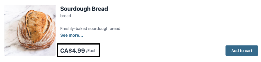 Sourdough bread listing on an online farm store.