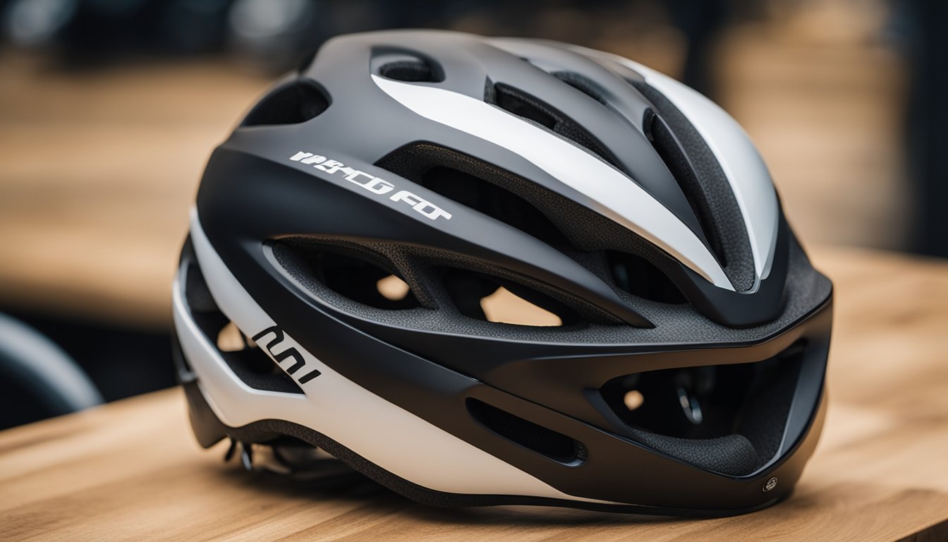A road bike helmet and an MTB helmet are placed side by side on a wooden table, with the road helmet featuring a sleek, aerodynamic design and the MTB helmet showcasing a more rugged, angular shape