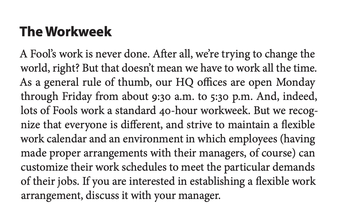 Employee working hours policy example: The Motley Fool 
