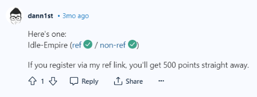A Reddit poster offering their referral link to register with Idle Empire for an immeidate 500 points. 