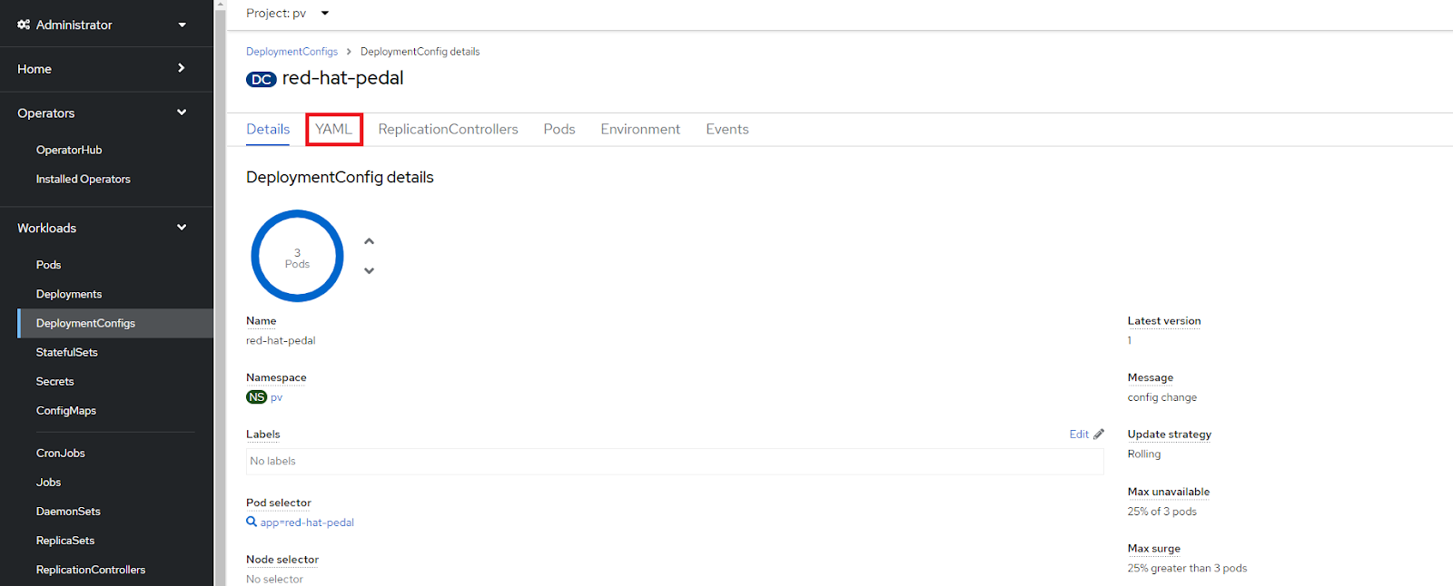 red-hat-pedal's DeploymentConfig details page. The YAML tab is selected.