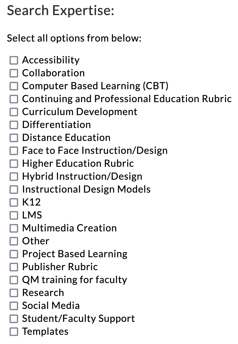 A screencapture of the list of categories from the QM IDA website