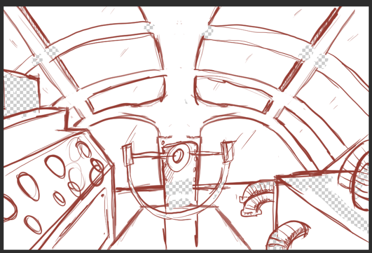 Initial sketch of a ship interior from the game "Thursday in space"