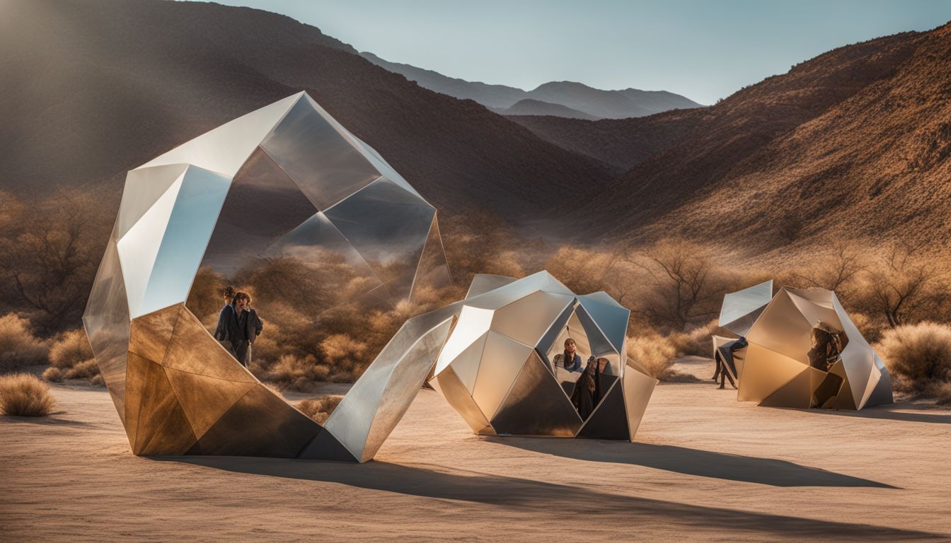 A large-scale art installation in the desert with diverse faces.