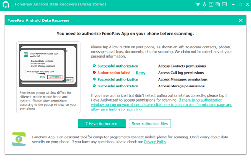 Authorize FonePaw App on Phone