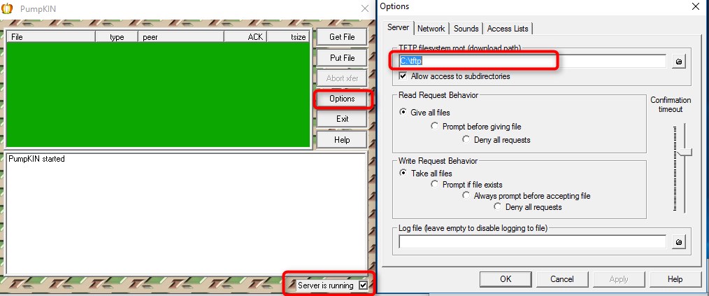 Запустите TFTP, выберите "Option menu" > вкладку "Server" и в разделе "TFTP download path" укажите папку с прошивкой (например, C:\tftp).